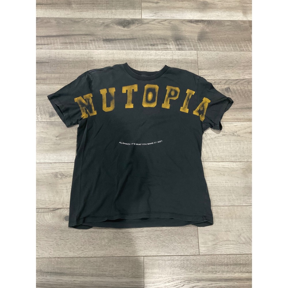 AllSaints Nutopia Graphic T-Shirt Mens Small Relaxed Fit Faded Black 2021 Cotton